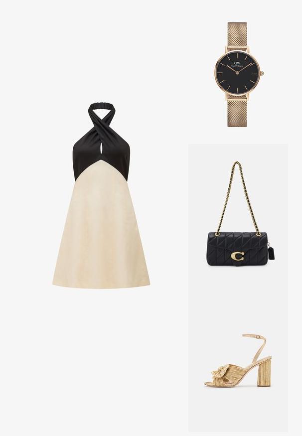 Halterneck kleita ar melnu augšdaļu un krēmkrāsas A līnijas svārkiem, kurai ir pagrieziena dizains ap kaklu un gluda tekstūra.; Zelta papēža sandales ar mezglotu priekšpusi, plīšu tekstūru un potītes siksniņu. Bloku papēdis ir ar ribotu dizainu, kas uzlabo saķeri.; Melna quiltota soma ar zeltītu ķēdes siksnu, kas izceļas ar izteiksmīgu zelta aizdari un mazu etiķeti, demonstrējot teksturētu ādas virsmu.; Zelta acu tīkla joslas pulkstenis no Daniel Wellington, ar apaļu melnu ciparnīcu, zelta stundas marķieriem un logotipu pulksten 12. Vienkāršs, elegants dizains.