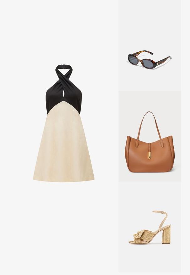 Šaty s halterkou, čierny top a krémová sukňa vo silhouette A, s otočeným dizajnom v oblasti výstrihu a hladkou textúrou.; Zlaté sandále na podpätku s uzlom vpredu, s plisovanou štruktúrou a remienkom okolo členka. Blokový podpätok má ryhovaný dizajn, čo zlepšuje priľnavosť.; Hnedé korytnačie slnečné okuliare s oválnymi sklami a tmavošedým odtieňom. Na spánkoch majú zlatý akcent. Hladká plastová textúra.; Hnedá kožená taška na rameno s guľatým tvarom, hladkým povrchom a dvojitými ramennými popruhmi. Obsahuje zlatý kovový detail v strede.