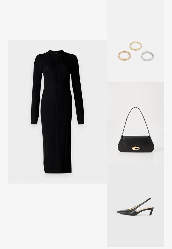 Patrizia Pepe DRESS - Stickad klänning - nero; Svart spetsig slingback-sko med låg klack, som har ett slätt lädermaterial och utskärningsdesign på sidan för andningsförmåga.; Svart läderhandväska med en böjd design, hårdvara i guldton, och ett handtag ovanpå. Har en snygg stängning och en mjuk yta.; Tre metallringar: en roséguld, en guld med texturerade detaljer och en silver, alla med ingraverad märkning på den inre ringen.