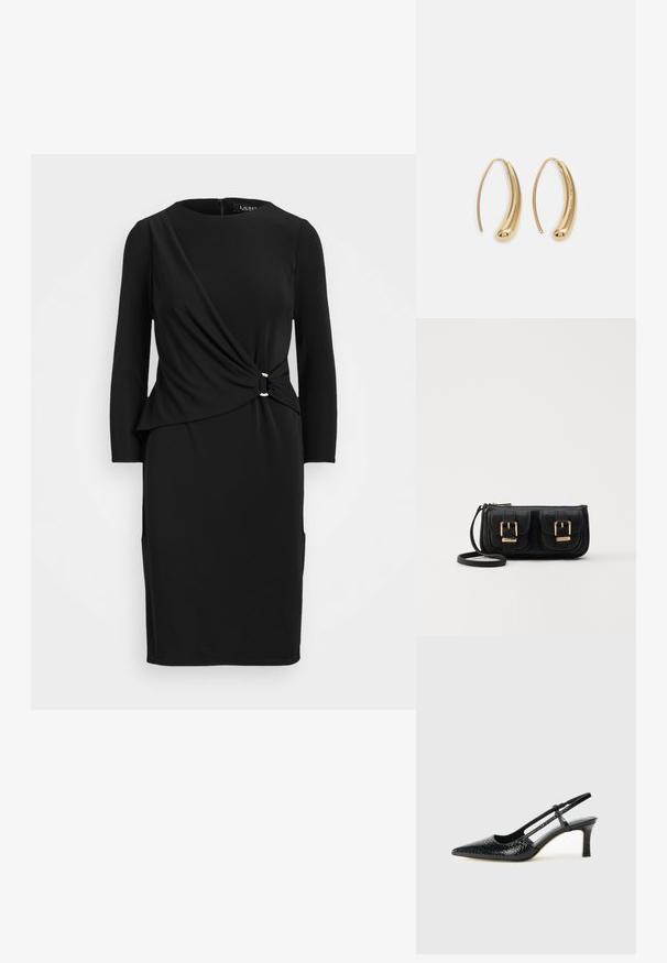 Svart långärmad klänning med knutdetalj vid midjan, rund halsringning och två fickor, tillverkad av ett mjukt och stretchigt tyg.; Svart lackskin slingback-häl med spetsig tå, med texturerad ormskinnsprint, justerbar rem och en kort, texturerad blockklack.; Svart läderaxelväska med två framfickor, guldspännen, dragkedjestängning och en smal rem. Texturerad yta och kompakt rektangulär form.; Guldtonade metallörhängen i en kurvad, avlång form. Har en slät, glänsande yta och en rundad spets för en extra detalj.