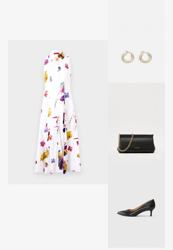 MAX&Co. ERNEST - Blusenkleid - ivory; Schwarzer Lederpumps mit spitzem Zehenbereich, niedrigem Absatz und glatter Textur. Verfügt über eine leichte Öffnung an der Vorderseite und minimale Beschläge an der Rückseite.; Schwarze Leder-Clutch mit einer goldenen Ketten-Trage, die eine glatte Oberfläche, rechteckige Form und geprägtes Branding auf der Vorderseite aufweist.; Lauren Ralph Lauren BASIC SMALL HOOP - Ohrringe - gold-coloured