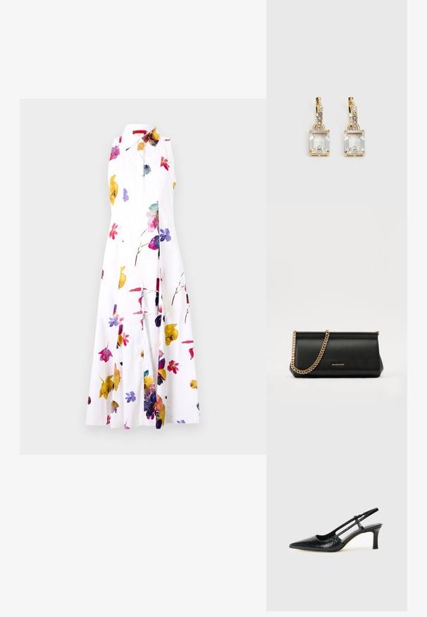 MAX&Co. ERNEST - Ingruha - ivory; Fekete lakk slingback sarok, hegyes orral, texturált kígyómintával, állítható pánttal és rövid, texturált tömbsarkal.; Fekete bőr kisméretű táska arany lánccal, sima felülettel, téglalap alakú, és dombornyomott márkázással az elején.; Aranyszínű fülbevalók, melyek egy téglalap alakú, tiszta kristállyal díszítették, ami egy sor kis, kerek, tiszta kiegészítő alatt lóg. Letisztult, modern dizájn.