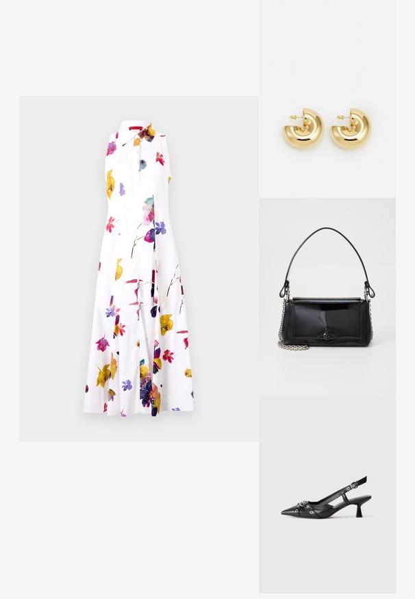 MAX&Co. ERNEST - Kreklkleita - ivory; Melnas ādas šlipsveida kurpes ar norādītu purngalu, dekoratīvām joslām ar metāla acīm un zemu bloku papēdi. Teksturēta virsma.; Melnas lakotas ādas rokassomi ar taisnstūra formu, ķēdes siksnu un izteiksmīgu metāla aksesuāru centrā. Gluda tekstūra.; Zelta toņa metāla auskari ar spīdīgu, izliekta dizaina formu. Rāda pusmēness veidolu ar gludām virsmām un aizdari uz tapas.