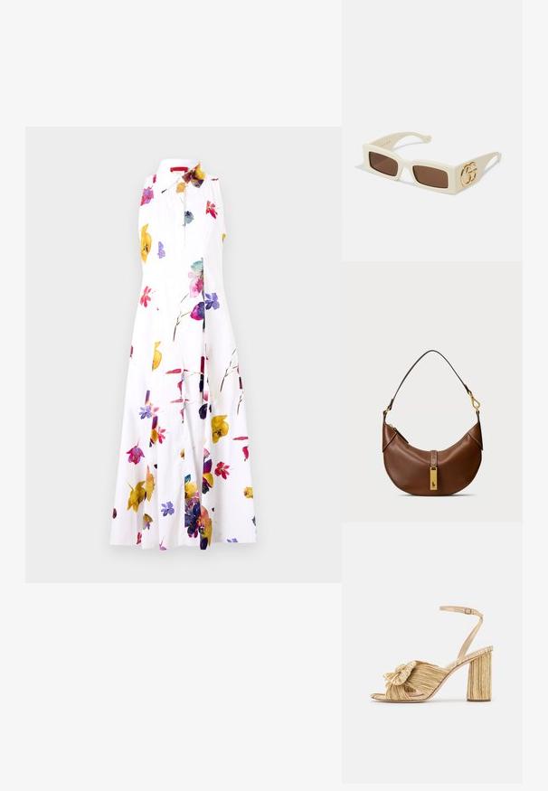 MAX&Co. ERNEST - Blusenkleid - ivory; Goldene Sandalen mit Absatz und geknoteter Vorderseite,„plissierter“ Textur und Knöchelriemen. Der Blockabsatz hat ein gerippte Design, das den Halt verbessert.; Weiße rechteckige Sonnenbrille mit braunen Gläsern. Verfügt über ein markantes goldenes GG-Logo an der Seite. Hergestellt aus strukturiertem Kunststoffmaterial.; Braune Leder-Schultertasche mit geschwungener Form, goldenen Hardware-Details, Verschluss oben und einem Logo-Akzent. Glatte Textur mit genähten Kanten.