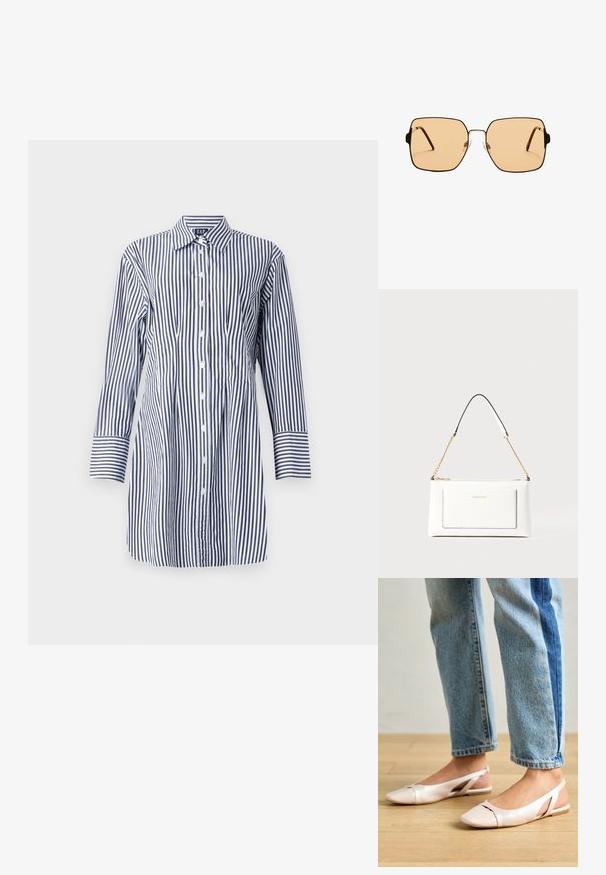 Gestreiftes Hemd mit langen Ärmeln, präsentiert in vertikalen blauen und weißen Streifen, mit Knopfleiste und klassischem Kragen. Glatter Stoff mit leichtem Glanz.; Blassrosa Slingback-Ballerinas mit spitzem Punkt, aus einem glatten, lederähnlichen Material. Mit Ausschnitten an den Seiten und einem flachen Absatz.; Quadratische Sonnenbrillen mit braunen Gläsern und einem dünnen schwarzen Metallrahmen. Verfügt über schräg gestaltete Bügel und verstellbare Nasenpads für zusätzlichen Komfort.; Weißes Lederhandtasche mit strukturierter Oberfläche, ausgestattet mit einem goldenen Kettenriemen und schwarzen Akzenten. Enthält eine Fronttasche und einen Reißverschluss.