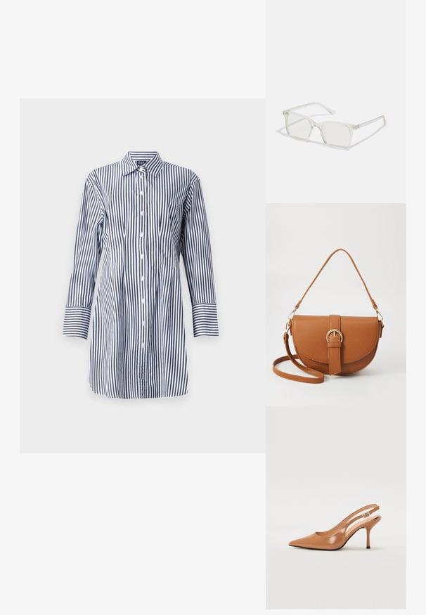 Ribaga pikkade varrukatega särk, millel on vertikaalsed sinised ja valged triibud, nööbid ees ja klassikaline krae. Sile kangas kerge läikega.; Küüntega slingback konts, mis on valmistatud siledast ja läikivast tan värvi materjalist. Omab kaarjat lõigatud disaini ja õhukest stiletto kontsa. Hõbedane pandla detail.; Selge plastmassist ruudukujulised prilliraamid koos läbipaistvate läätsedega, millel on kuldsed aktsendid templitel, et lisada detaile.; Pruun nahast õlakott, millel on kumer kuju, kullavärvi riistvara ja pandlaga kaunistus. Omab eemaldatavat õlarihma.