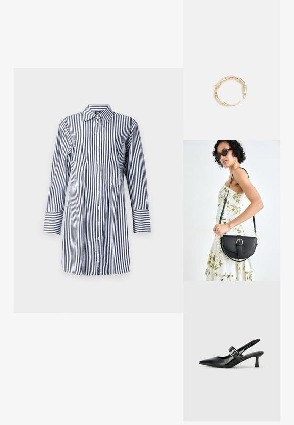 Svītrota krekla ar garām piedurknēm, kas raksturo vertikālas zila un balta svītras, pogu priekšpusi un klasisko apkakli. Gluda auduma ar vieglu spīdumu.; Melnas lakotas ādas sūkņa kurpes ar norādītu purngali un mazu bloku papēdi, ar sudraba sprādzi akcentā uz jostas.; Melnas ādas rokassoma ar izliekta formu, noņemamu siksnu un zelta aksesuāriem. Somai ir vāciņš ar sprādzes detaļu.; Zelta toņa gredzens ar organisku, vērptu dizainu, gludu virsmu un sašaurinātiem galiem, radot mūsdienīgu, skulpturālu izskatu.