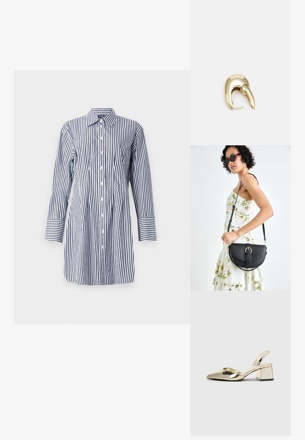 Prugasta košulja s dugim rukavima, s vertikalnim plavim i bijelim prugama, dugmadima sprijeda i klasičnom kragnom. Glatka tkanina s laganim sjajem.; Zlatni metalik slingback sandali s šiljatim vrhom i debelim potpeticama. Glatka tekstura, minimalistički dizajn i uski remen.; Crna kožna torba s lukovitim oblikom, odvojivim remenom i zlatnim detaljima. Torba ima preklop s kopčom.; Zlatne metalne naušnice s elegantnim, zakrivljenim dizajnom. Imaju karakterističan šiljast oblik, poliranu površinu i zatvaranje na šarku.