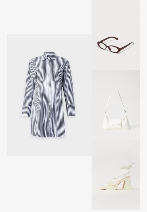 Ribaga pikkade varrukatega särk, millel on vertikaalsed sinised ja valged triibud, nööbid ees ja klassikaline krae. Sile kangas kerge läikega.; Valged kõrge kontsaga sandaalid, millel on paks konts ja rihmadega disain koos pahkluu sidumisega. Sile tekstuur ja platvorm ees, et lisada kõrgust.; Ovaalsed punased prillid, millel on selged läätsed ja sujuvad pruunid kered. Disainis on peened kõverad ja minimaalne riistvara.; Valge sünteetilisest materjalist kott kolmnurkse kujuga, lame esiklapiga ja kaaredetailiga, reguleeritava rihmaga, sileda tekstuuriga ja minimalistliku disainiga.