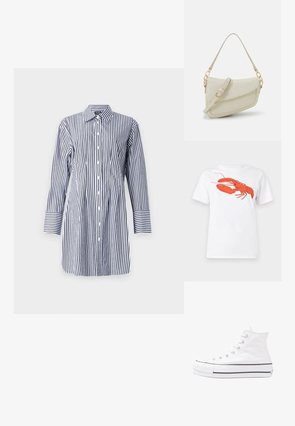 Svītrota krekla ar garām piedurknēm, kas raksturo vertikālas zila un balta svītras, pogu priekšpusi un klasisko apkakli. Gluda auduma ar vieglu spīdumu.; Balta kokvilnas T-krekls ar lielu, spilgti sarkanu omāru grafiku uz priekšu. Īsas piedurknes un standarta apļveida kakla dizains.; Balti augstie kanvas sporta apavi ar melnu gumijas zoli, priekšējo gumijas purngalu un sešām acīm lencēm, kuriem ir tīrs, minimālistisks dizains.; Maza krēmkrāsas rokas soma ar teksturētu apdari, garu regulējamu siksniņu, ķēdes akcentu un vāciņa aizdari. Zelta aparatūras detaļas.