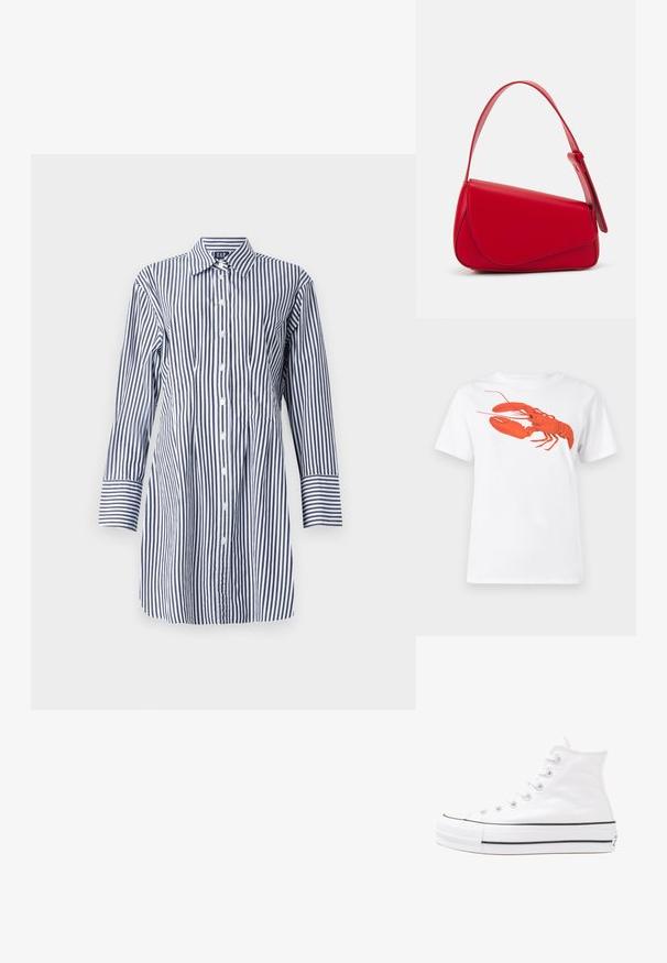 Svītrota krekla ar garām piedurknēm, kas raksturo vertikālas zila un balta svītras, pogu priekšpusi un klasisko apkakli. Gluda auduma ar vieglu spīdumu.; Balta kokvilnas T-krekls ar lielu, spilgti sarkanu omāru grafiku uz priekšu. Īsas piedurknes un standarta apļveida kakla dizains.; Balti augstie kanvas sporta apavi ar melnu gumijas zoli, priekšējo gumijas purngalu un sešām acīm lencēm, kuriem ir tīrs, minimālistisks dizains.; Sarkans ādas rokassomi ar stūrainu, ģeometrisku dizainu. Iekļauj vienu regulējamu siksnu un vāku ar izšūtu detaļu.