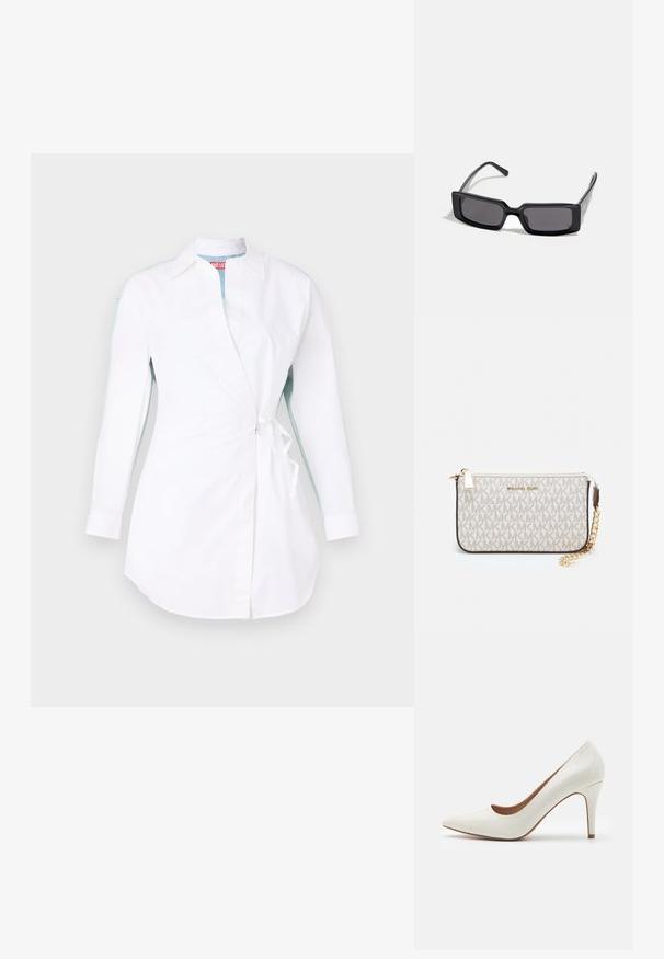 Valge pikkade varrukatega särk, millel on sätendav disain, krae, külgmised sidemed ja kontrastsed sinised aktsendid varrukatel. Sujuv, kerge kangas.; Valge patendi nahk kõrge kontsaga king, millel on terav nina ja sile pind, peenike konts ning madal lõige ava ümber.; Mustad mustakaitselise raami ja tumeda objektiiviga prillid, millel on sile ja läikiv viimistlus. Omab peeneid templeid, millel on külgedel tagasihoidlik bränding.; Michael Korsi randmevõru beige kaetud kangast, millel on korduv MK logo muster, kuldne riistvara ja eemaldatav ahelistrap.; Kuldsetest metallist kõrvarõngad lainelise disainiga; sile, peegeldav pind; asümmeetriline kuju; nähtavad mustrid või kinnitused puuduvad.