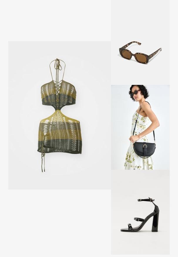 Žalias oliivinės spalvos ir geltonas megztas trumpas sijonas, su V formos iškirpte, atvira nugara ir pintomis užrišimo detalėmis. Pagamintas iš lengvos siūlų su tekstūriniu raštu.; Juodos patentuotos aukštakulnės basutės su dviem sagtelėmis, kvadratine nosimi ir stambiu blokiniu kulnu, pasižyminčios lygiu, blizgiu paviršiumi.; Kare klasikinės saulės akinių rėmeliai su apvalia, didesne forma ir rudais objektyvais. Yra subtilių raštų ir tiesių, siaurėjančių šonų.; Juodas odinis krepšys su išlenkta forma, nuimamu dirželiu ir auksiniais detalėmis. Krepšys turi kilpą su sagtimi.