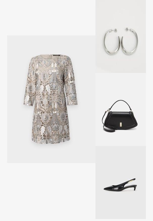 Beige jurk met complexe zilveren bloemenkantoverlay, driekwart mouwen, ronde hals en een rits aan de achterkant. Textuur ontwerp detail.; Zwarte leren slingback hakken met een spitse neus, voorzien van een slanke hak en een goudkleurige accent op de verstelbare band. Gladde textuur.; Zwarte leren handtas met een gestructureerd ontwerp, featuring een verkorte vorm, bovenhandvat en gouden hardwareaccent. Inclusief verstelbare schouderband.; Zilveren oorringen met een gladde, gebogen vorm. Voorzien van een glanzende metallic afwerking en studsluiting. Geen zichtbare patronen of accenten.