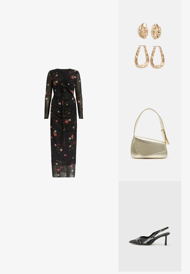 Černé květinové šaty vyrobené z průhledné tkaniny, s dlouhými rukávy, řaseným designem a vícerozměrnými květinovými vzory po celém povrchu.; Černá lakovaná slingback obuv s špičatou špičkou, kotníkovými pásky s kovovými sponami a příslušenstvím, a štíhlým podpatkem.; Zlatá metalická kabelka se strukturovaným designem, hladkým povrchem a nastavitelným popruhem. Disponuje unikátním trojúhelníkovým tvarem a minimalistickým prošitím.; Náušnice ve zlatém tónu s texturovanými, vlnitými tvary. Obsahují sochařské klipy a design otevřeného kruhu s kladivkovým povrchem.