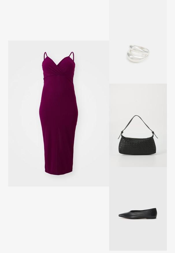 Upravené, ribovaná midi šaty v hlbokej burgundskej farbe s tenkými ramienkami a výstrihom do V, s elegantným strihom a hladkou textúrou.; Čierne kožené baletky, špicatý špička, minimalistický dizajn, hladká textúra, nízky podpätok, bez viditeľných prvkov alebo ozdôb.; Čierna tkaná taška cez plece s hladkým koženým remienkom a zipsovým uzáverom. Disponuje štruktúrovaným povrchom a zakriveným tvarom.; Strieborný prsteň s dvojitým pásikom s hladkým, lesklým povrchom. Má plynulý, zakrivený dizajn s prekryvajúcimi sa časťami pre moderný vzhľad.