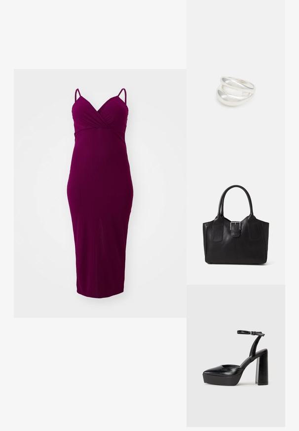 Prilegajoča, rebrasta midi obleka v temno burgundski barvi z tankimi naramnicami in V-izrezom, ki se ponaša s sleek silhueto in gladko teksturo.; Črne platforme z visokimi petami in koničastim nosom ter nastavljivim gležnjenjskim trakom. Narejene iz gladke usnje, s kockasto peto.; Črna usnjena torba s gladko teksturo, strukturirano obliko, dvema ročkama in izrazitim srebrnim sponko na sprednji strani.; Srebrn dvojni prstan z gladko, polirano površino. Ima tekoč, ukrivljen dizajn z prekrivajočimi se sekcijami za sodoben videz.