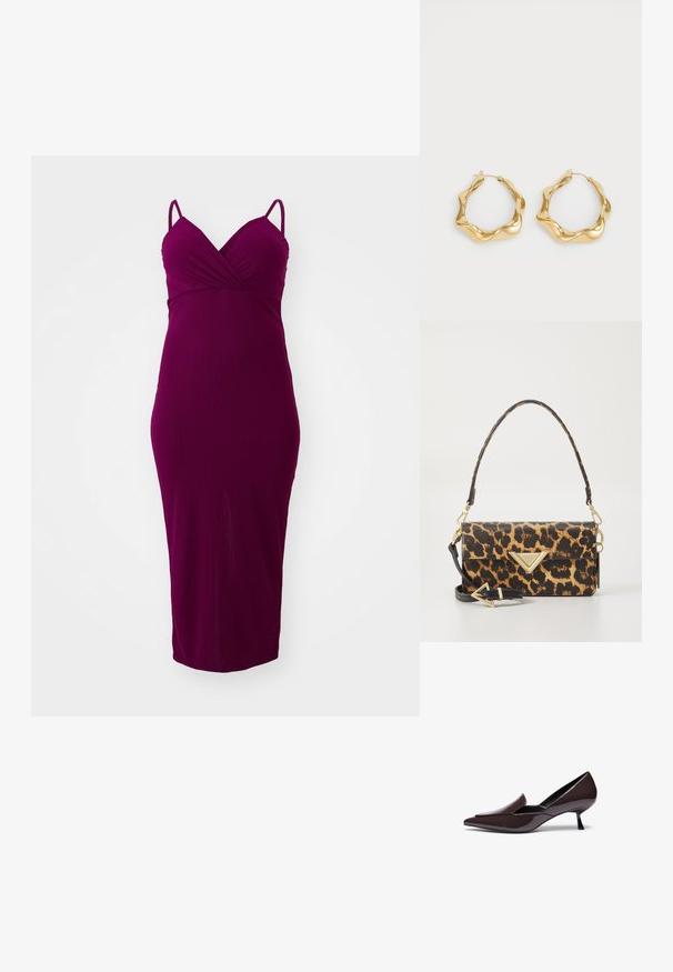 Vestido midi ajustado y de canalé en burdeos profundo, con tirantes finos y escote en V, que presenta una silueta elegante y una textura suave.; Zapatos de tacón con punta afilada en piel sintética marrón oscuro con un tacón stiletto bajo y una silueta elegante, que presentan un empeine ligeramente elevado.; Bolso de mano de estampado de leopardo en piel sintética texturizada, con un acento triangular en tono dorado y una correa de hombro desmontable.; Pendientes de aro de oro con un diseño ondulado y texturizado. Cuentan con un cierre de alambre delgado y una superficie pulida y reflectante.