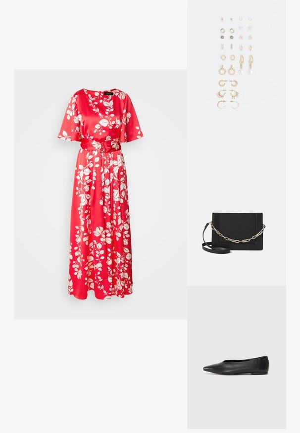 Abito lungo maxi floreale rosso in tessuto satinato. Presenta un colletto rotondo, maniche corte e una cintura in tessuto, decorata con motivi di foglie bianche.; Ballerine in pelle nera, punta affusolata, design minimalista, texture liscia, tacco basso, senza hardware o decorazioni visibili.; Borsa a tracolla nera in pelle con una texture liscia, forma rettangolare e dettaglio in catena metallica sul davanti. Inclusa una tracolla regolabile.; Set di orecchini in tonalità oro che presentano vari design, tra cui cerchi, orecchini a perno e pezzi pendenti con perle e strass.