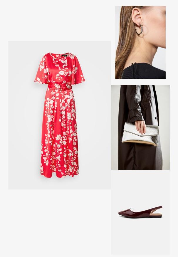 Robe maxi florale rouge en satin. Dotée d'un col rond, de manches courtes et d'une ceinture en tissu, décorée de motifs de feuilles blanches.; Ballerines à talon slingback en vernis bordeaux avec un bout pointu, une découpe transparente et une semelle plate noire. Texture lisse, design minimaliste.; Pochette métallique argentée avec un design d'enveloppe angulaire, texture lisse et couleur intérieure contrastante, tenue dans une main portant un manteau noir.; Boucle d'oreille en argent avec une finition polie, présentant de petits détails en or et de forme ronde, portée sur le lobe.