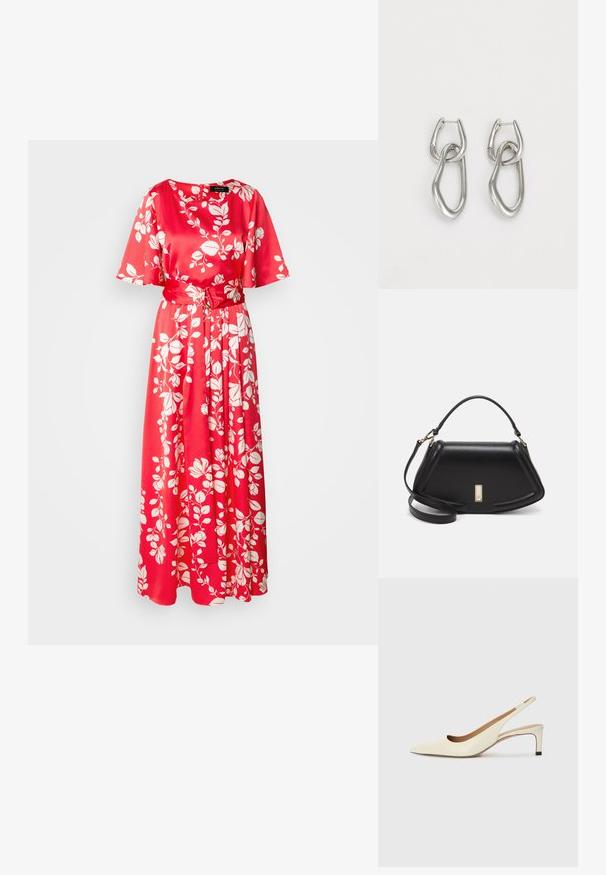 Red floral maxi dress in satin fabric. Features a round neckline, short sleeves, and a fabric belt, decorated with white leaf patterns.; Pointed-toe slingback shoe in off-white leather, featuring a low heel and cut-out design with a smooth texture and minimal accents.; Black leather handbag with a structured design, featuring a cropped shape, top handle, and gold hardware accent. Adjustable shoulder strap included.; Calvin Klein STATEMENT LINKS - Earrings - silver-coloured
