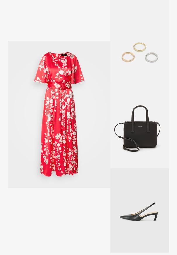 Robe maxi florale rouge en satin. Dotée d'un col rond, de manches courtes et d'une ceinture en tissu, décorée de motifs de feuilles blanches.; Slingback noir à bout pointu avec un petit talon, en cuir lisse et doté d'un design découpé sur le côté pour plus de respirabilité.; Sac à main noir avec deux poignées courtes et une bandoulière amovible. Matière lisse semblable à du cuir avec une fermeture éclair et un détail de logo.; Trois anneaux en métal : un en or rose, un en or avec des accents texturés, et un en argent, tous avec une gravure de marque à l'intérieur de la bande.