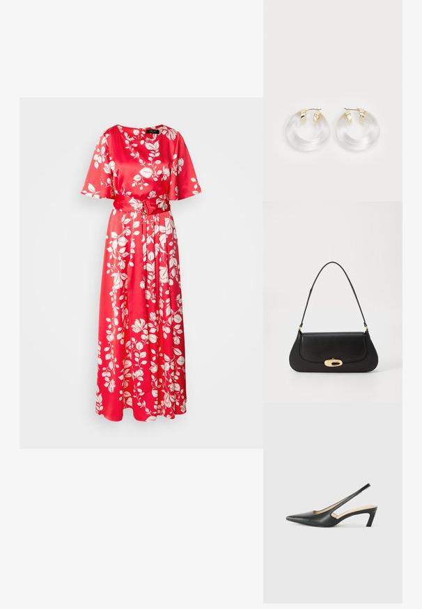 Czerwona maksidress w kwiaty wykonana z satynowego materiału. Posiada okrągły dekolt, krótkie rękawy oraz materiałowy pasek, zdobiony białymi wzorami liści.; Czarny but na obcasie typu slingback z ostro zakończonym noskiem, z niskim obcasem, wykonany z gładkiej skóry, z wycięciem po boku dla lepszej wentylacji.; Czarna skórzana torebka o zaokrąglonym kształcie, z metalowymi elementami w kolorze złotym i górnym uchwytem. Posiada eleganckie zapięcie i gładką fakturę.; Przezroczyste akrylowe kolczyki w kształcie koła z metalowymi akcentami w kolorze złotym i wypolerowanym wykończeniem. Posiadają gładki, okrągły kształt.