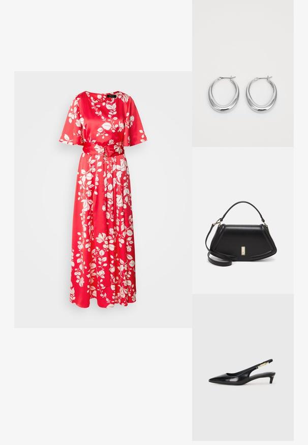 Abito lungo maxi floreale rosso in tessuto satinato. Presenta un colletto rotondo, maniche corte e una cintura in tessuto, decorata con motivi di foglie bianche.; Tacchi slingback in pelle nera con punta affusolata, caratterizzati da un tacco alto e un accento dorato sulla cinghia regolabile. Texture liscia.; Borsa a mano in pelle nera con un design strutturato, caratterizzata da una forma corta, manico superiore e accessori in metallo dorato. Inclusa tracolla regolabile.; Un paio di orecchini a cerchio a mezzaluna in argento lucido con chiusure a cerniera su uno sfondo bianco.