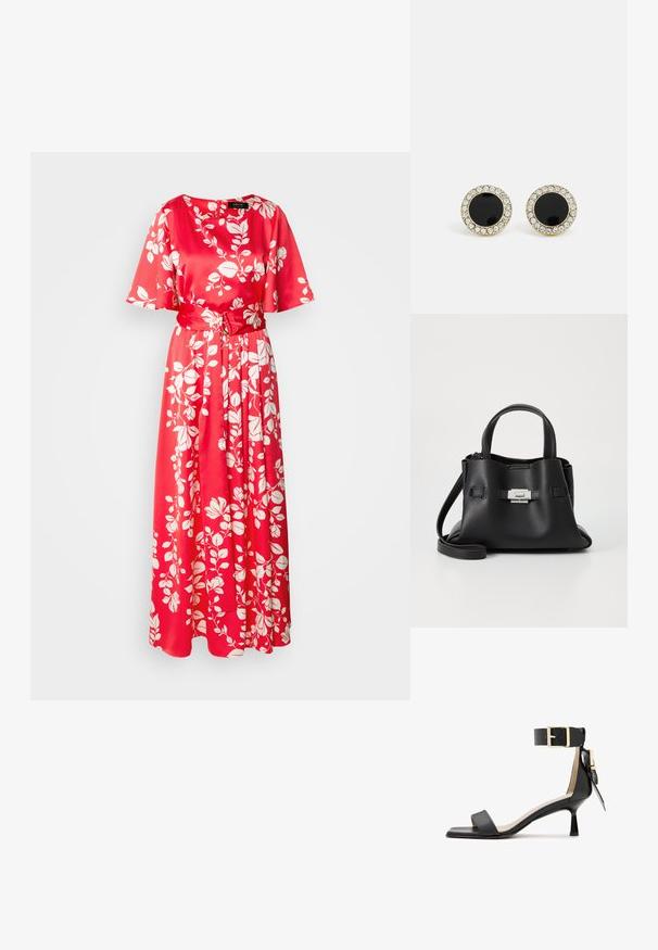 Červené maxi šaty s kvetinovým vzorom z saténovej látky. Majú okrúhly výstrih, krátke rukávy a látkový opasok, zdobený bielymi lístkovými motívmi.; Čierne kožené sandále na podpätku so štvorcovou špičkou, remienkom okolo členka s zlatou sponou a úzkym podpätkom. Hladká textura, minimalistický dizajn.; Čierna kožená kabelka s textúrovaným povrchom, ktorá má dve vrchné rukoväte, odnímateľný popruh cez rameno a strieborný uzáver.; DKNY INLAY STUD - Náušnice - black/gold-coloured