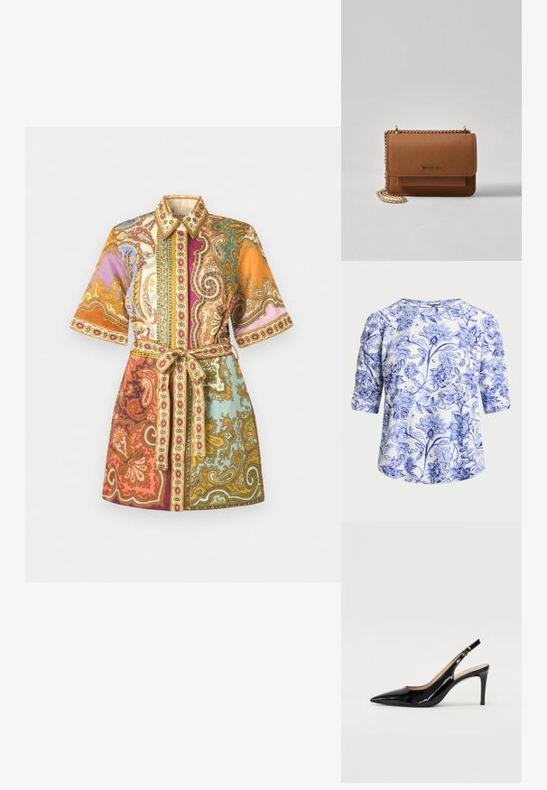 Košele s krátkym rukávom a opaskom, zdobená farebnými vzormi paisley a kvetinovými motívmi v odtieňoch oranžovej, fialovej, tyrkysovej a zlatej.; Kvetinová blúzka s modro-bielym vzorom, vyrobená z mäkkého materiálu. Má okrúhly výstrih a rukávy po lakte.; Čierne lakované kožené slingback lodičky s špicatou špičkou, štíhlým podpätkom a jemným výrezom. Obsahuje zlatú pracku na remienku.; Hnedá textúrovaná kožená taška cez telo s zlatým reťazovým popruhom a preklopným uzáverom. Predná strana obsahuje detail s logom a vrecko pod preklopkou.