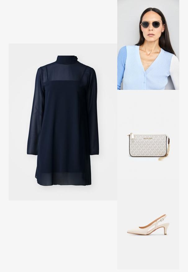 Rochie lungă bleumarin cu mâneci lungi și guler înalt, confecționată din material transparent, având o parte superioară solidă și o caranțel fluid.; Sandaie cu toc alb, cu vârful ascuțit, material superior neted, toc mic tip bloc și design cu decupaj lateral, cu curea ajustabilă.; Ochelari de soare rotunzi cu lentile întunecate și rame aurii. Modelul poartă un cardigan ribbed de culoare albastru deschis cu nasturi și mâneci albe în contrast.; Clutch Michael Kors din canva acoperit bej, cu un model repetitiv al logo-ului MK, accesorii din aur și o curea cu lanț detașabil.