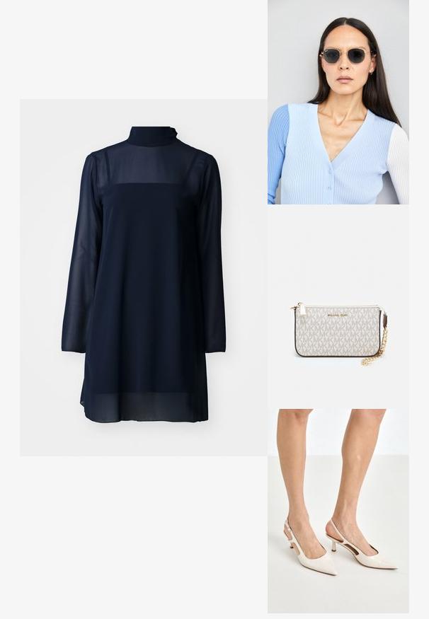 Tamsiai mėlyna ilga suknelė su aukštu apykakle, pagaminta iš permatomos medžiagos, su tvirtu viršutiniu skyriumi ir laisvai krentančiu apatiniu kraštu.; Šviesiai pilkos, lakuotos odos slingback aukštakulniai su smailiu noseliu ir 5 cm kulnu, su išpjovomis šonuose ir plona kulkšnies juostele.; Apskriti saulės akiniai su tamsiais objektyvais ir auksiniais rėmeliais. Modelis vilki šviesiai mėlyną, raukinį kardiganą su mygtukais ir kontrastingomis baltomis rankovėmis.; Michael Kors rankinė smėlio spalvos dengto kanvoje su pakartotiniu MK logotipo raštu, auksinėmis detalėmis ir nuimamu grandininiu dirželiu.