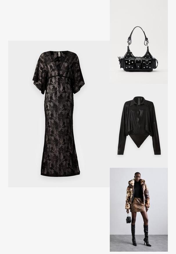 Juoda nėriniuota suknelė trumpomis rankovėmis, V formos iškirpte, gėlių raštu, prigludusia juosmens linija ir iki grindų siekiančiu siluetu. Skaidrus audinys su tekstūriniais akcentais.; Juodas bodžiukas su ilgomis rankovėmis, V formos iškirpte ir prigludusia siluetu. Pagamintas iš blizgaus, lygaus audinio su struktūrizuotu apykakle ir rankogaliais.; Pūkuotas džemperis su rudos ir juodos spalvų raštu, derinamas su rudą gyvatės rašto mini sijonu, juodais ilgaauliais batais iki kelių ir mažyte juoda rankine.; Juodas odinis rankinukas su kreiviu dizainu, su sidabro spalvos knopkėmis, užsegimu ir dviem šoninėmis kišenėmis. Reguliuojama dirželis nešimui.