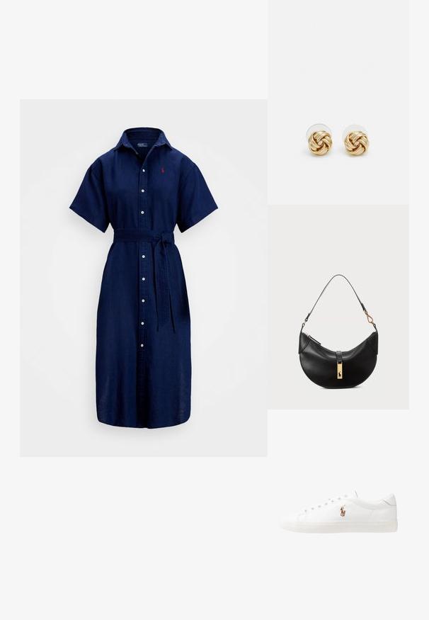 Jūras spēku lina krekla kleita ar īsām piedurknēm, pogu aizdari un jostas vidukli. Iespējo arī apkakli un mazu sarkanu logotipu uz krūtīm.; Baltas ādas sporta apavi, zema dizaina, ar gludu tekstūru, noapaļotu purngalu, ar auklēm priekšpusē un nelielu izšūtu logotipu sānos.; Melnas ādas rokas soma pusmēness formas. Iezīmē zelta metāla akcentus un šauru siksniņu. Gluda tekstūra, rāvējslēdzēja aizdare augšpusē.; Zeltītu mezgla auskari ar vērptu dizainu. Katrs auskaru pāris ir aprīkots ar apaļu caurspīdīgu atbalstu drošai nēsāšanai.