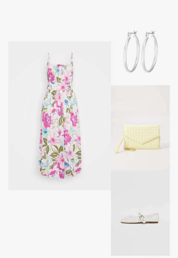 Ziedu maksi kleita ar plānām siksnām, kurā ir spilgti rozā, zila un zaļa ziedi uz baltas krāsas fona, savilkti jostas vietā, un plūstoša auduma.; Baltas plakans zābaks ar smailu purngalu, rotāts ar sudraba kniedēm, ar sprādzi, kas iet ap potīti, un gaiši brūnu zoli.; Dzeltena austs kabata ar atloku dizainu, noņemamu plaukstas siksnu un zeltītu ķēdes akcentu. Gluda tekstūra un taisnstūra forma.; Sudraba riņķveida auss gredzeni ar gludu, pulētu apdari. Apaļa forma un drošs klikšķa augšējais slēgums. Viegls dizains, kas piemērots ikdienas valkāšanai.