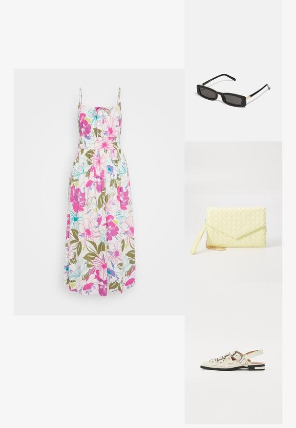Virágmintás maxi ruha vékony pántokkal, élénk rózsaszín, kék és zöld virágokkal egy fehér háttéren, ráncolt derékkal és légies anyaggal.; Fehér bőr slingback szandál, több széles pánttal és ezüst csatokkal; lapos talp, kis fekete sarokkal és fémes díszítésekkel.; Fekete téglalap alakú napszemüveg sötét lencsékkel, fényes műanyag kerettel, arany díszítéssel az temples. Minimalista design és elegáns forma.; Sárga szőtt pénztárca, hajtogatott dizájnnal, levehető csuklópánttal és arany színű lánc díszítéssel. Simább textúra és téglalap alak.