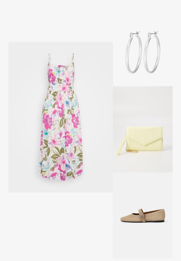 Kukkallinen maksimekko ohuilla olkaimilla, jossa on kirkkaan vaaleanpunaisia, sinisiä ja vihreitä kukkia valkoisella pohjalla, gathered vyötärö ja valuva kangas.; Beige mokasyny Mary Jane z zamszu z ostrym noskiem i jedną regulowaną paskiem z metalowym zapięciem. Czarna płaska podeszwa.; Keltainen kudottu klaavapussukka, jossa on läpällä suljettava muotoilu, irrotettava rannekka ja kultaketjuviimeistely. Sileä pinta ja suorakaiteen muotoinen.; Hope-silver rengas, joissa on sileä ja kiillotettu pinta. Pyöreä muoto ja turvallinen napsautettava lukitus. Kevyt muotoilu sopii päivittäiseen käyttöön.