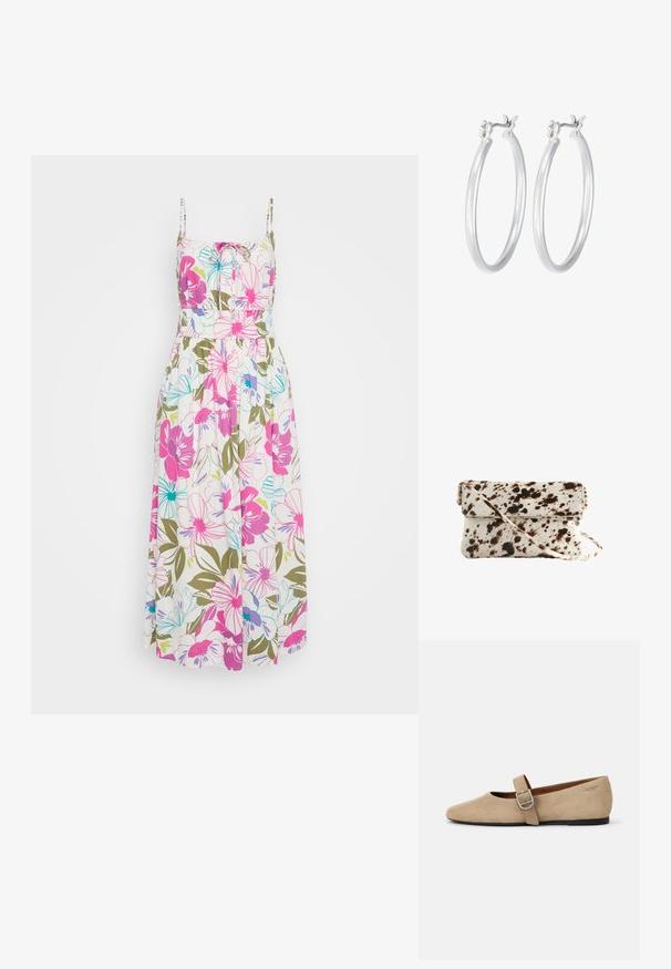 Ziedu maksi kleita ar plānām siksnām, kurā ir spilgti rozā, zila un zaļa ziedi uz baltas krāsas fona, savilkti jostas vietā, un plūstoša auduma.; Bežā zelta zamšādas Mary Jane kurpes ar asu purngalu un vienu regulējamu siksniņu ar sudraba sprādzi. Melna plakana zole.; Govs cimdi ar krēmkrāsas pamatu un tumši brūniem plankumiem, taisnstūrveida forma, locīšana uz vāka un noņemams pleca siksna.; Sudraba riņķveida auss gredzeni ar gludu, pulētu apdari. Apaļa forma un drošs klikšķa augšējais slēgums. Viegls dizains, kas piemērots ikdienas valkāšanai.