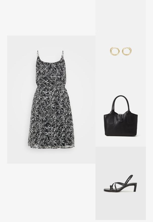 Črna cvetlična obleka s tankimi naramnicami, ki se odlikuje po ohlapnem kroju, z zbranim pasom in nežnim cvetličnim vzorcem v beli in svetlo modri barvi.; Črne natikače s trakovi in kvadratnim prstom ter nizkim blokastim peto. Imajo več tankih trakov in nastavljiv trak okoli gležnja. Narejene so iz gladkega usnja.; Črna usnjena torba s gladko teksturo, strukturirano obliko, dvema ročkama in izrazitim srebrnim sponko na sprednji strani.; Zlate uhane v obliki obroča z gladkim, zaobljenim dizajnom. Imajo majhen zatič za zapiranje, težijo k lahkemu izgleda in imajo polirano površino.