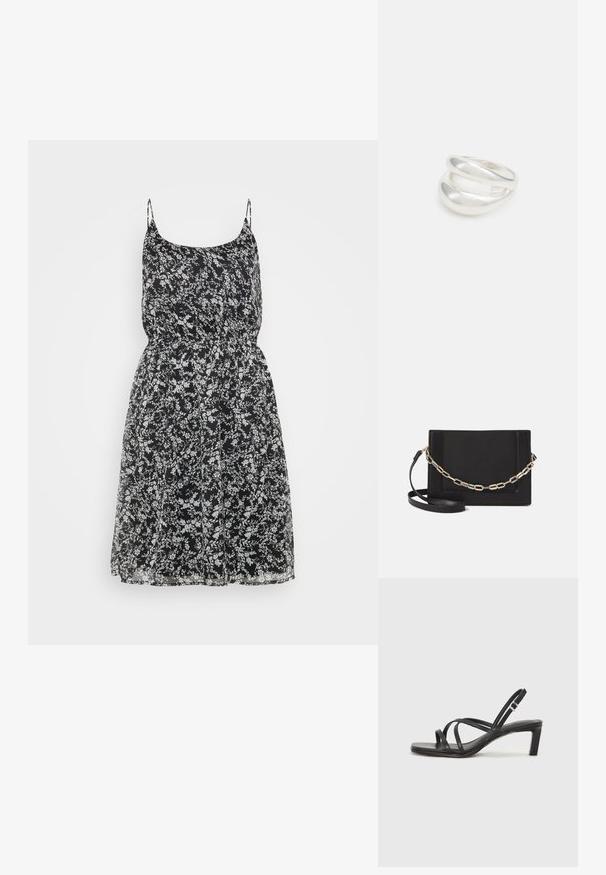 Musta kukallinen mekko ohuilla olkahihnoilla, joka on löysät aikakausi, kerätty vyötärö ja hienovarainen kukkakuosi valkoisena ja vaaleansinisenä.; Mustat hihnalligat, joissa on neliön muotoinen kärki ja matala lohkokorko. Ominaisuuksiin kuuluu useita ohuita hihnoja ja säädettävä nilkkahihna. Valmistettu sileästä nahasta.; Musta nahkainen olkalaukku, jossa on sileä pinta, suorakulmainen muoto ja metalliketju yksityiskohtana edessä. Mukana säädettävä hihna.; Hopeinen kaksinkertainen rengas, jossa on sileä, kiillotettu pinta. Siinä on sulava, kaareva muotoilu, jossa on päällekkäisiä osia modernin ilmeen saavuttamiseksi.