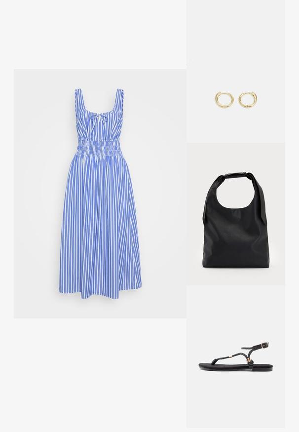 Zila un balta svītraina kleita ar pieguļošu augšu, platām siksnām un elastīgu jostasvietu. Svārki plūst līdz ceļgaliem. Izgatavota no kokvilnas materiāla.; Melni plakani sandaļi ar izpītām siksnām un metāla akcentu. Iekļauj regulējamu sprādzi un plakanu gumijas zoli komfortam.; Melna ādas hobo soma ar vienu mīkstu, noapaļotu rokturi; tai ir gluda virsma un minimālistisks dizains. Nav redzamu metāla detaļu vai akcentu.; Zelta auskari ar gludu, noapaļotu dizainu. Iekļauj mazu eņģu aizdari, vieglu izskatu un pulētu apdari.