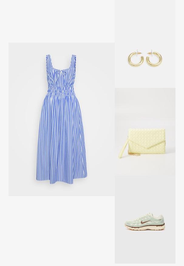 Modra in bela črtasta obleka s prilegajočim bodicem, širokimi naramnicami in elastikami na pasu. Krilo sega do kolen. Iz bombažnega materiala.; Svetlo zeleni športni čevlj s kombinacijo mrežaste in semiš materialov, rjave akcenti, bež podplat, teksturiran dizajn in podpisna oznaka na strani.; Rumena pletena torbica za ključe z zapiralom, odstranljivim zapestnim trakom in zlatim verižnim poudarkom. Gladka tekstura in pravokotna oblika.; Zlate uhane v obliki obročkov z gladko, sijočo površino. Krožna zasnova s majhnim nosilcem in prozornim podplatom za varno nošenje.