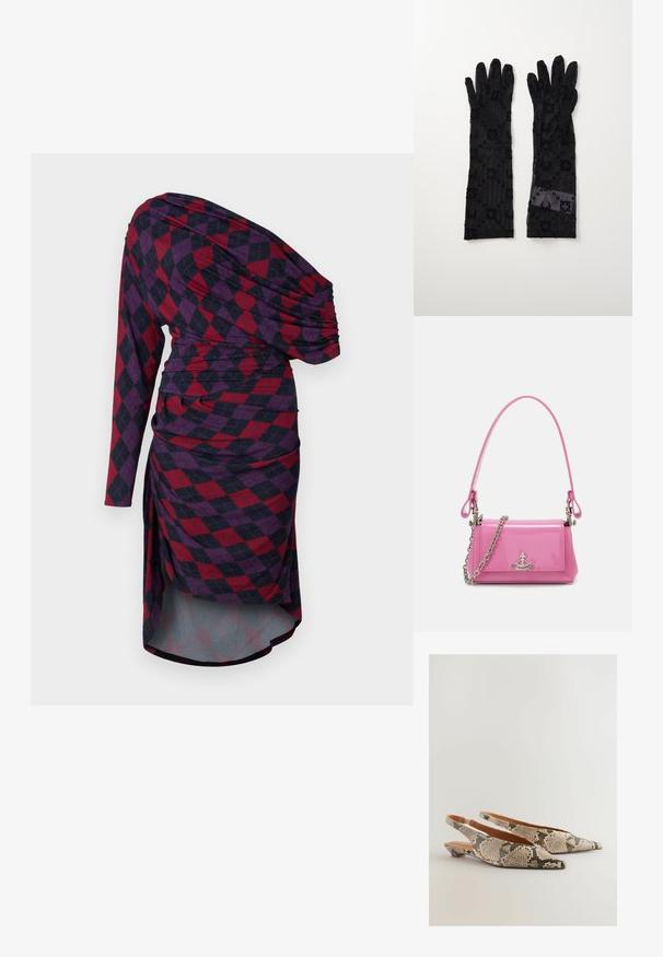 Asymetrické šaty s jedním dlouhým rukávem, s červeným a tmavě modrým kostkovaným vzorem, nařasenými detaily a splývavým siluetou.; Next REGULAR FIT FOREVER COMFORT POINT TOE - Baleríny s otevřenou patou - snake; Růžová lakovaná kabelka obdélníkového tvaru, odnímatelný řetízkový popruh a stříbrné kovové detaily na přední straně.; Černé rukavice vyrobené z průhledné tkaniny s texturovanými květinovými a cirkulárními vzory. Dlouhá varianta s hladkým povrchem a detailním štítkem na jedné rukavici.