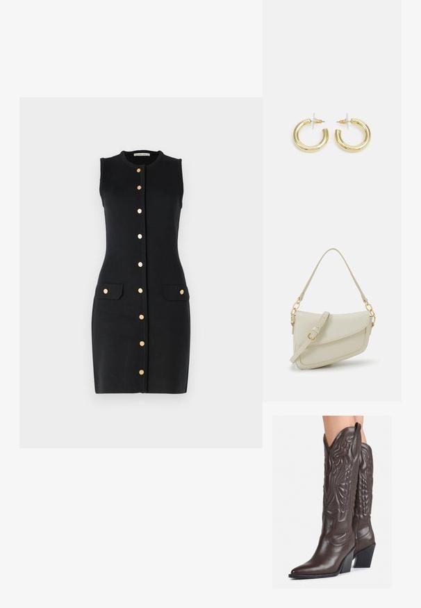 Abercrombie & Fitch BUTTON THROUGH MINI DRESS - Sarafanas - black beauty; Rudos odinės kaubojaus batai su smailiu priekiu ir blokuotu kulnu, pasižymintys detaliu siuvinėjimu ir iškiliais akcentais ant ašies.; Mažas kreminis rankinukas su tekstūruotu paviršiumi, ilga reguliuojama juostele, grandinėle ir užsegimu su atvartu. Aukso detalės.; Aukso auskarai su lygiu, blizgiu paviršiumi. Apvalus dizainas su maža užrakto dalimi ir skaidria atrama saugiam nešiojimui.