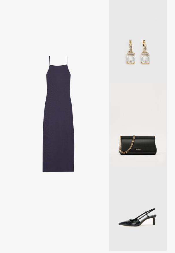 Jūras spēku zila bezpiedurkņu kleita ar šaurām spaghetti siksnām, izgatavota no ribota auduma, ar pieguļošu siluetu un midi garumu.; Melna patent āda ar slīdošo papēdi un smailo purngalu, ar teksturētu čūsku drukājumu, regulējamu siksniņu un īsu teksturētu blokpapēdi.; Melns ādas apliecības soma ar zelta ķēdes siksnu, ar gludu tekstūru, taisnstūra formu un izspiestu zīmolu uz priekšpuses.; Zeltītas auskaru rotas, kuru centrā ir taisnstūra formas caurspīdīgs kristāls, kas karājas zem mazu, apaļu caurspīdīgu akcentu rindas. Elegants, mūsdienīgs dizains.