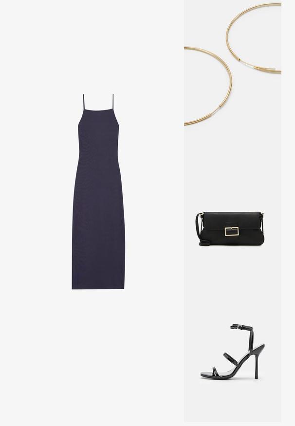 Mornarska haljina bez rukava s uskim trakama, izrađena od rebrastog materijala, s uskim krojem i midi dužinom.; Crne lakirane kožne sandale s visokom potpeticom, s tri horizontalne trake i podesivom trakicom oko gležnja. Elegantan oblik i sjajan završni sloj.; Crna kožna clutch torbica s preklopom i zlatnim metalnim detaljem kopče. Uključuje crnu trakicu i elegantan, minimalistički dizajn.; Zlatne kružne naušnice, tanke i okrugle, s glatkom metalnom površinom bez ukrasa ili uzoraka.