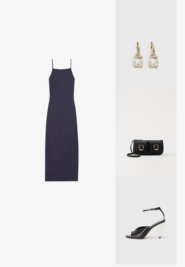 Marineblauwe mouwloze jurk met smalle spaghettibandjes, gemaakt van ribstof, met een aansluitende pasvorm en midi-lengte.; Zwarte leren hoge hak sandaal met open teen, asymmetrisch ontwerp, enkelbandje en een metalen kegelvormige hak. Glad oppervlak over het geheel.; Zwarte leren schoudertas met twee vo pockets, gouden gespen, ritsluiting en een smalle band. Tekstuur oppervlak en compacte rechthoekige vorm.; Gouden oorbellen met een rechthoekige, heldere kristal die onder een rij kleine, ronde heldere accenten hangt. Strak, modern ontwerp.