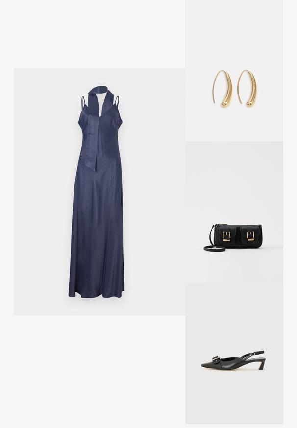 Námornícky saténový šaty s výstrihom do V, úzkymi ramienkami a dlhým, splývavým siluetom. Obsahuje doplnok na viazanie okolo krku. Hladká textúra.; Čierne kožené sandále s úzkym prstom, malým opätkom a dekoratívnou sponou na vrchnej časti. Hladká textúra, minimalistický dizajn.; Čierna kožená crossbody taška s dvoma prednými vreckami, zlatými sponami, zipsovým uzatváraním a úzkym popruhom. Štruktúrovaný povrch a kompaktný obdĺžnikový tvar.; Náušnice vo forme zlatých kovových kruhov s zakriveným, predĺženým tvarom. Majú hladký, lesklý povrch a zaoblený koniec pre pridanie detailu.