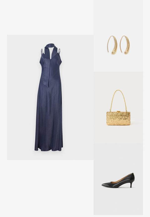 Mørkeblå satin kjole med V-hals, slanke stropper og en lang, flytende silhuett. Har en selvbindende detalj ved halsen. Glatt tekstur.; Sorte lærpumpe med spiss tå, lav hæl og en glatt tekstur. Har en liten åpning foran og minimalt med beslag bak.; Gullfarget paljetter clutch med rektangulær form, utstyrt med en tvunnet kjedehåndtak og en metallspenne, som reflekterer lys med en teksturert overflate.; Gullfargede metalløredobber med en buet, forlenget form. Har en jevn, blank overflate og en avrundet tupp for ekstra detaljer.