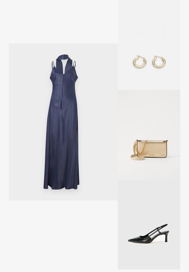 Tumed satiinkleit V-avaga, kitsaste rihmadega ja pika, voolava siluetiga. Omab enesese sidumisvõimalusega kaelaosa. Sujuv tekstuur.; Mustmust paelad, millel on terav varvas, tekstuuriga maduprindiga, reguleeritav rihm ja lühike tekstuuriga plokknina.; Metalliseeritud kullast nahkklamber, millel on tekstiilfiniš, kuldne ketstrap ja eemaldatav õlavarre rihm. Brändi logo on sisse pressitud.; Lauren Ralph Lauren BASIC SMALL HOOP - Kõrvarõngad - gold-coloured